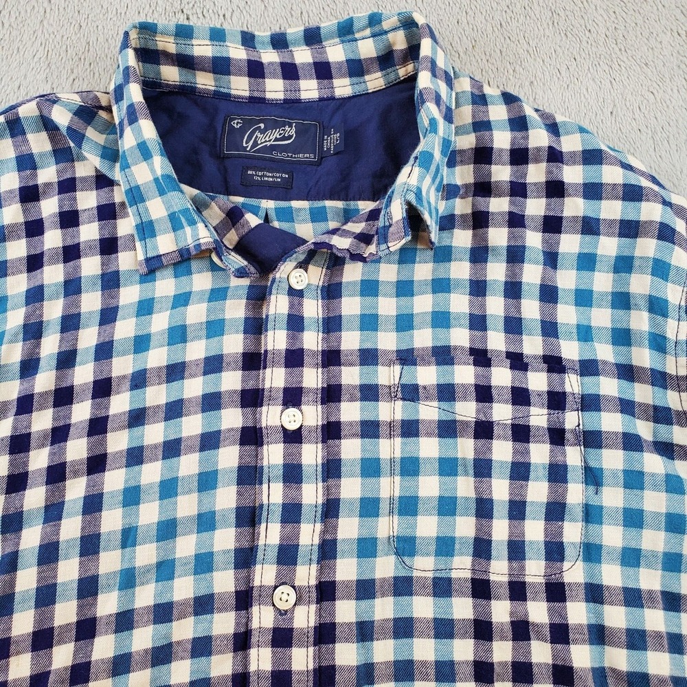 Grayers Linen Button Down Shirt Men L Gingham Long‎ Sleeve Flip Cuff Blue White